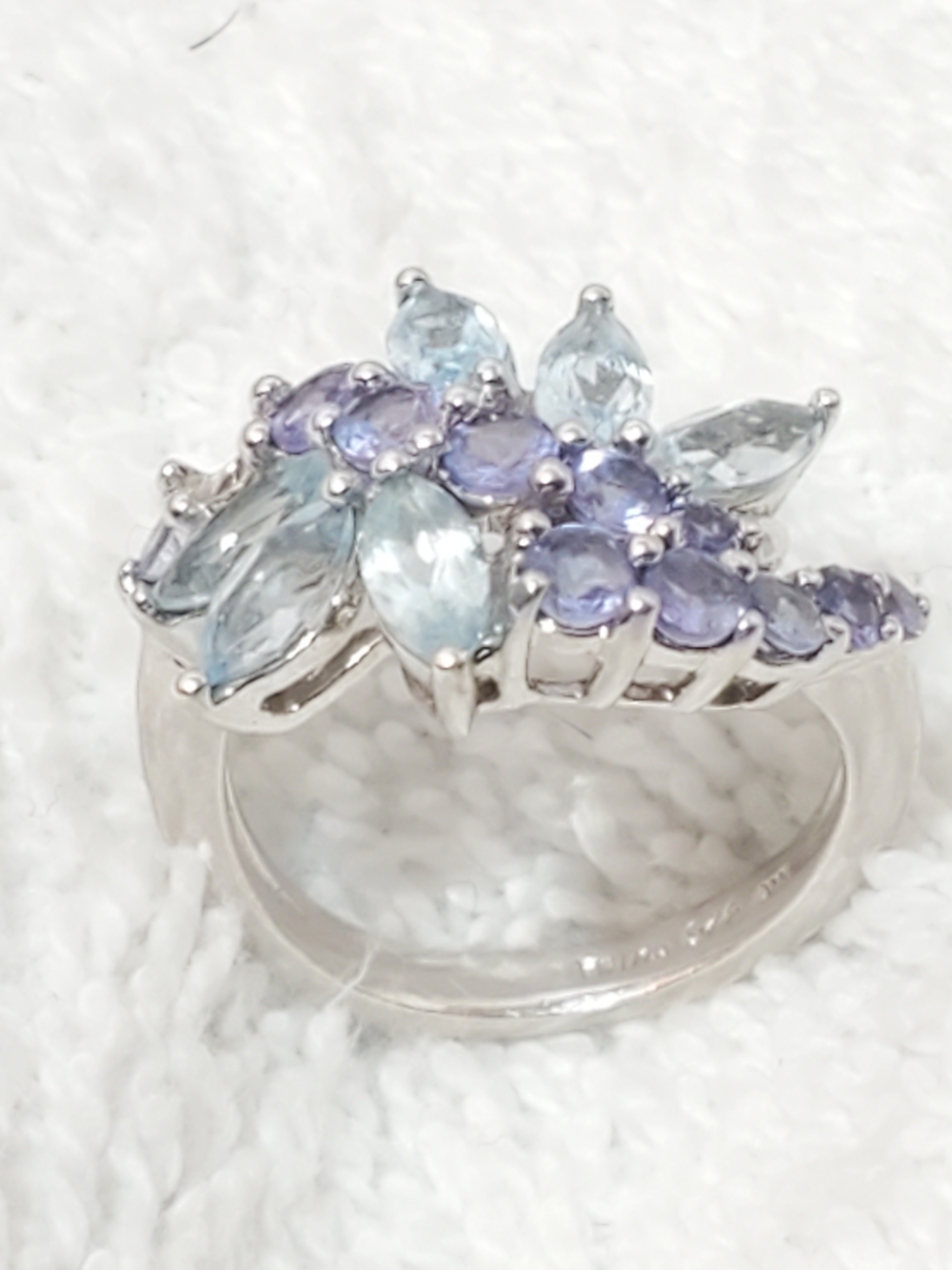 Vintage 925 Sterling Silver Aquamarine & Tanzanite Cluster Bypass Ring Size 6